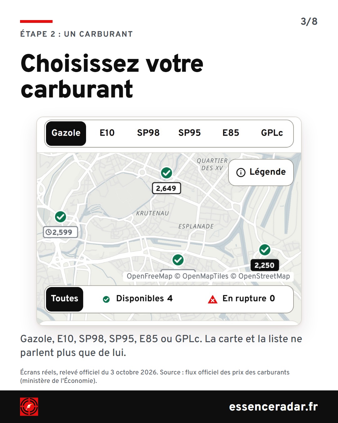 Rangée de boutons de carburant (gazole sélectionné, E10, SP98, SP95, E85, GPLc) au-dessus de la carte de Strasbourg.