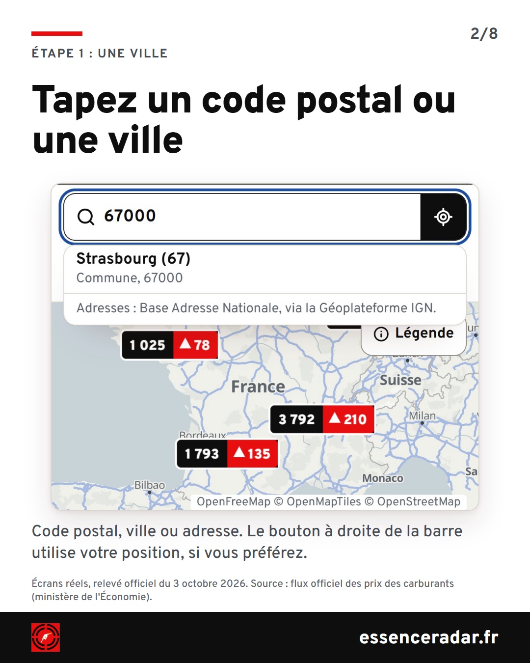 Barre de recherche avec le code postal 67000 saisi et la suggestion Strasbourg (67), commune, 67000.