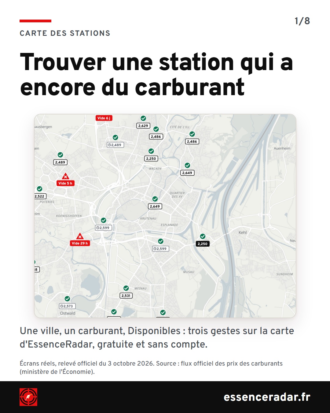 Carte des stations autour de Strasbourg : coches vertes avec leur prix, triangles rouges avec l'âge de la rupture, plaque noire pour le prix le plus bas de la zone.